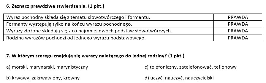 Słowotwórstwo - sprawdzian