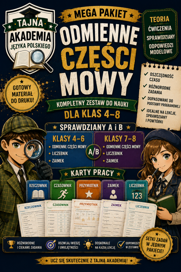 Odmienne części mowy – MEGA PAKIET kl. 4–8 | karty pracy + sprawdziany A i B + odpowiedzi