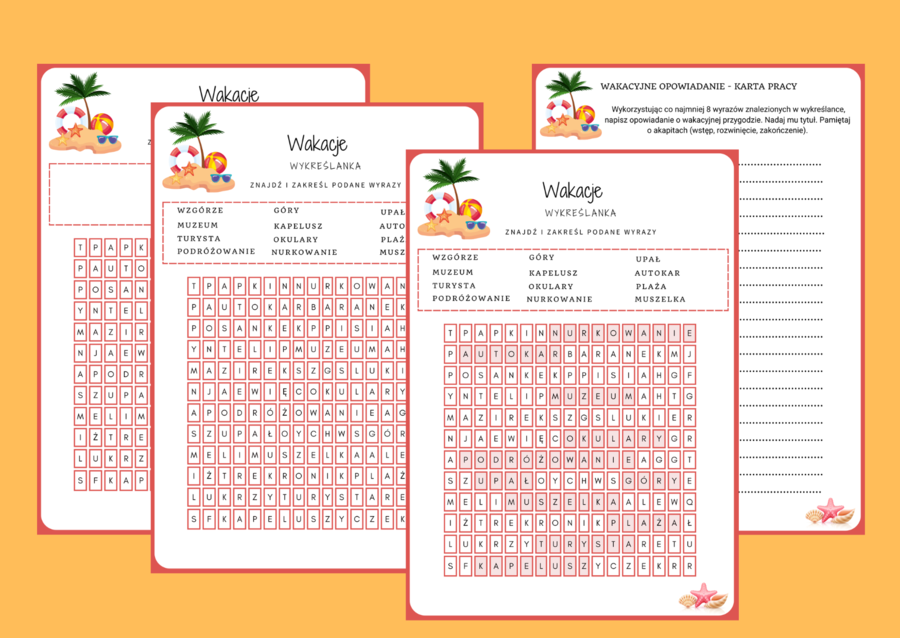 WAKACJE - wykreślanka - ortografia - ćwiczenia redakcyjne