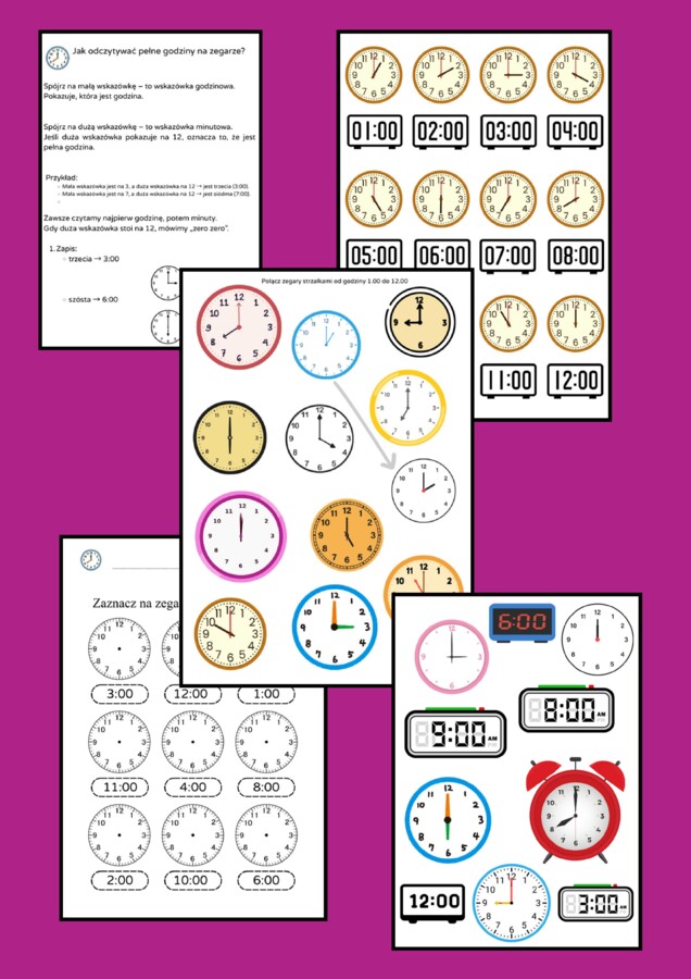 Zegar - 5 kart pracy - nauka pełnych godzin na zegarze - ćwiczenia praktyczne