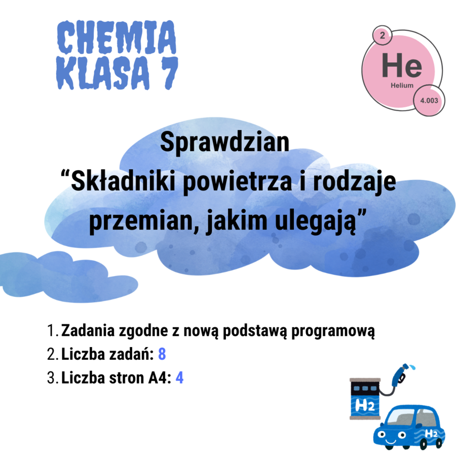Chemia. Klasa 7. Składniki powietrza i rodzaje przemian jakim ulegają. Sprawdzian wiadomości. Nowa podstawa programowa.