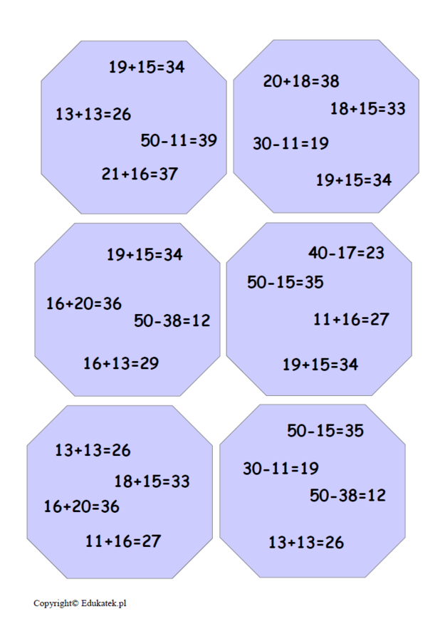 Zestaw kart typu dobble – utrwalanie dodawania i odejmowania