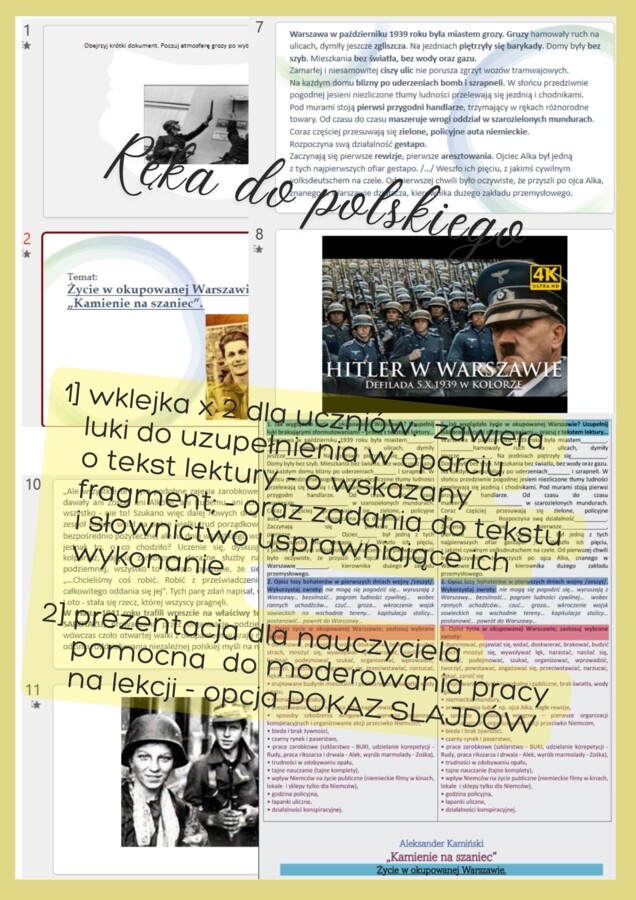 Wklejka z zadaniami oraz prezentacja: Życie w okupowanej Warszawie. Aleksander Kamiński: "Kamienie na szaniec"