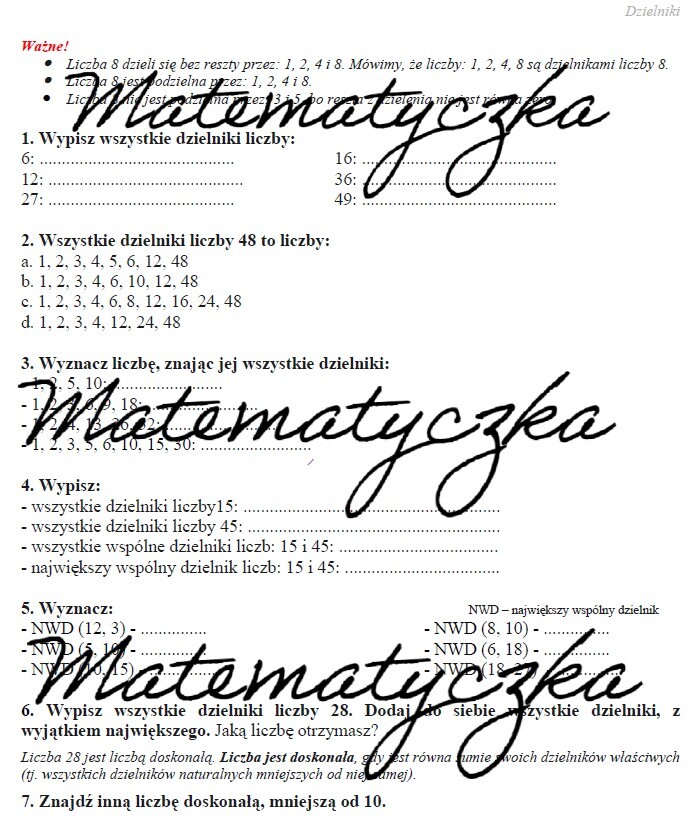 Dzielniki - karta pracy