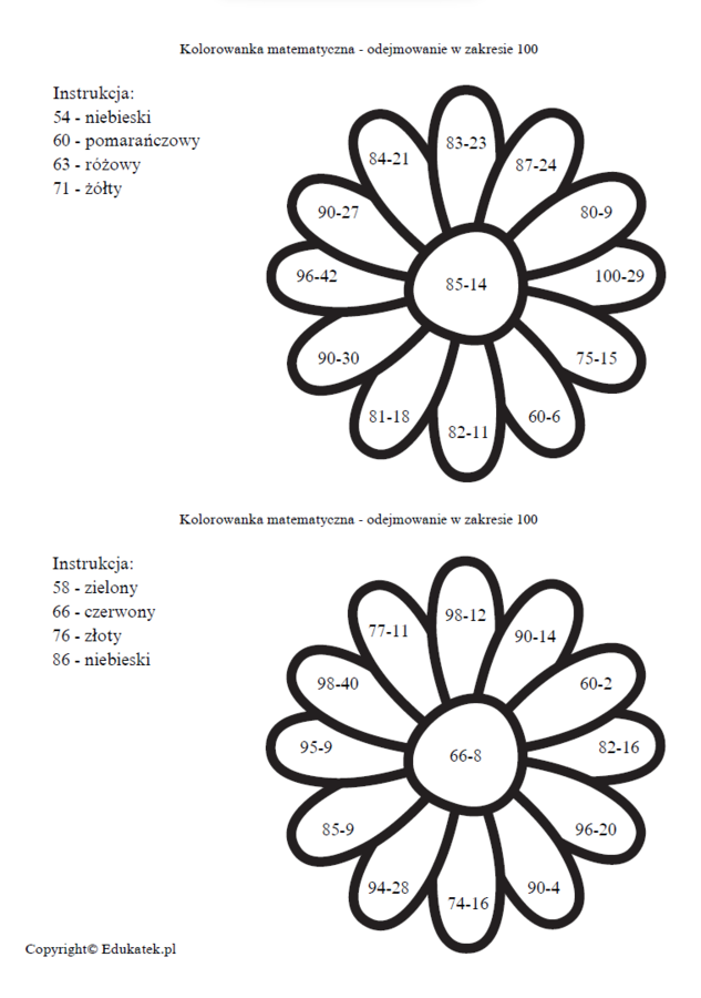 Kolorowanki matematyczne - doskonalenie dodawania i odejmowania