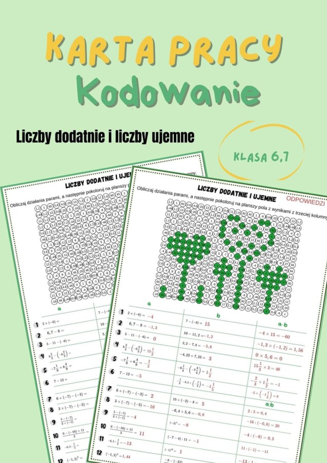 Liczby dodatnie i ujemne, karta pracy, kodowanie, klasa 6 i 7, walentynki, dzień kropki