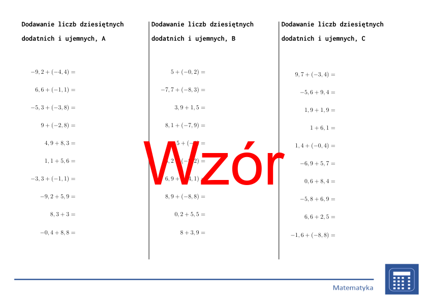 Dodawanie liczb dziesiętnych dodatnich i ujemnych | matematyka | 26 kolumn