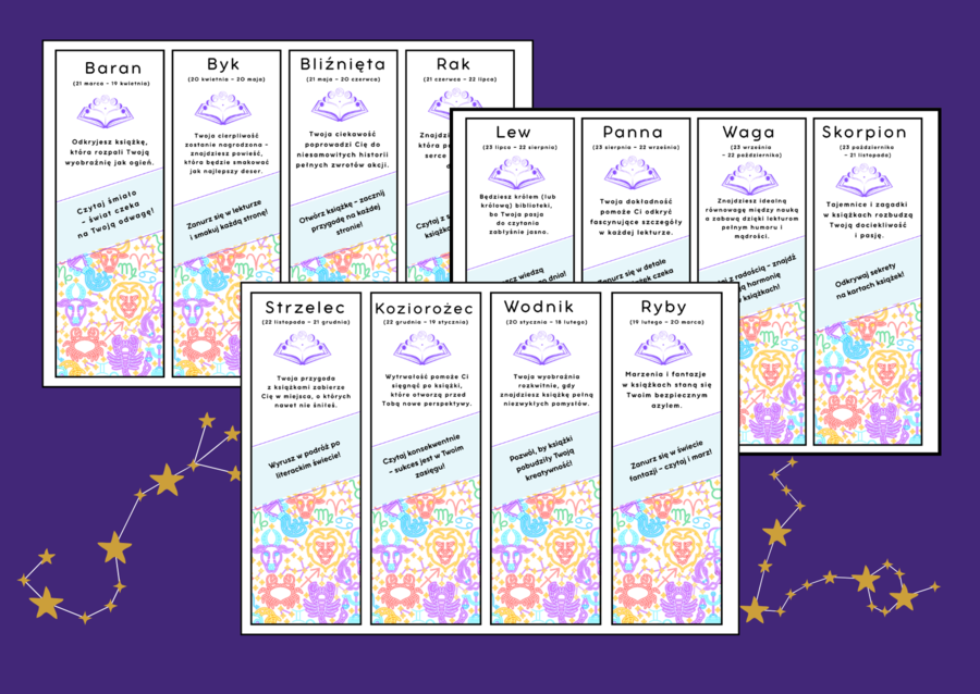 ⭐ Książkowy horoskop – motywacyjne zakładki dla uczniów ⭐- andrzejki – biblioteka – zajęcia z wychowawcą – świetlica – wersja 4