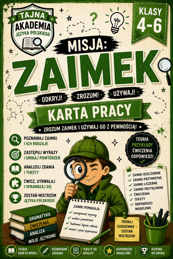 Zaimek – teoria i ćwiczenia | misja | karta pracy kl. 4–6 + odpowiedzi modelowe