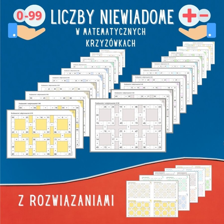 Liczby niewiadome w matematycznych krzyżówkach, dodawanie i odejmowanie w zakresie 0-99