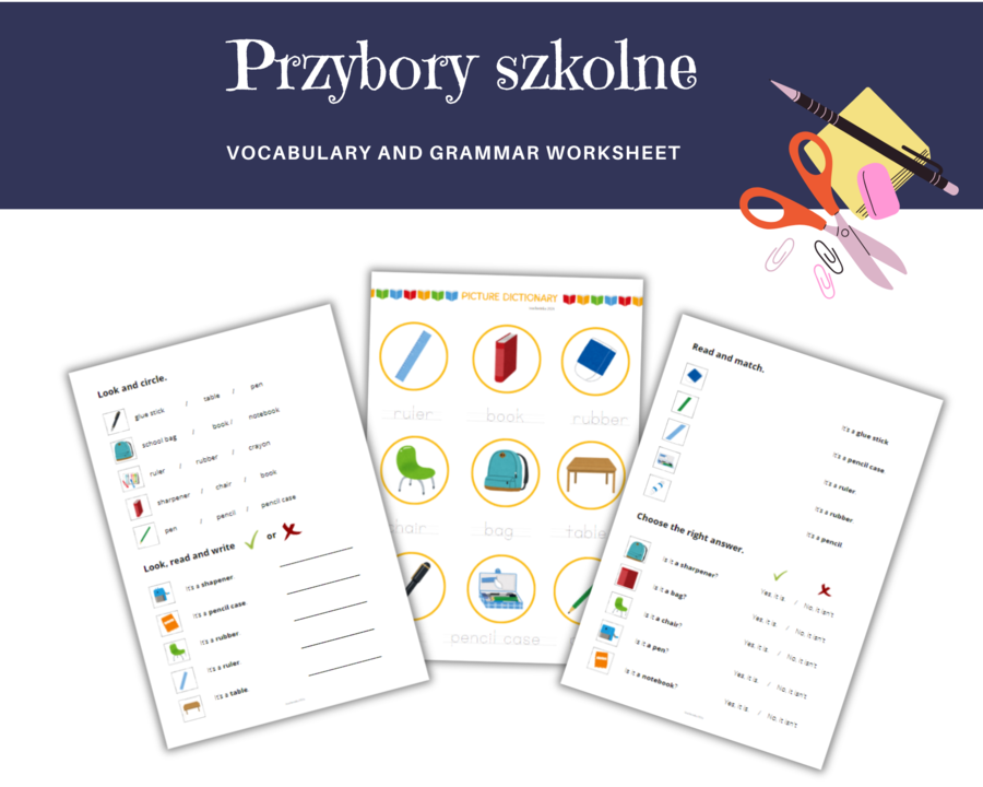 School supplies, objects and equipment - przybory szkolne, dodatkowe karty pracy do nauki słownictwa, język angielski, czytanie, pisanie po sladzie, słowniczek, dodatkowo mini karty obrazkowe, klasa 1,2,