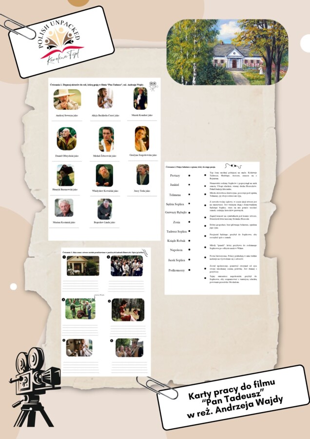 Karta pracy + odpowiedzi do filmu "Pan Tadeusz" reż. Andrzeja Wajdy, egzamin ósmoklasisty język polski źródło użytych fotografii Filmweb