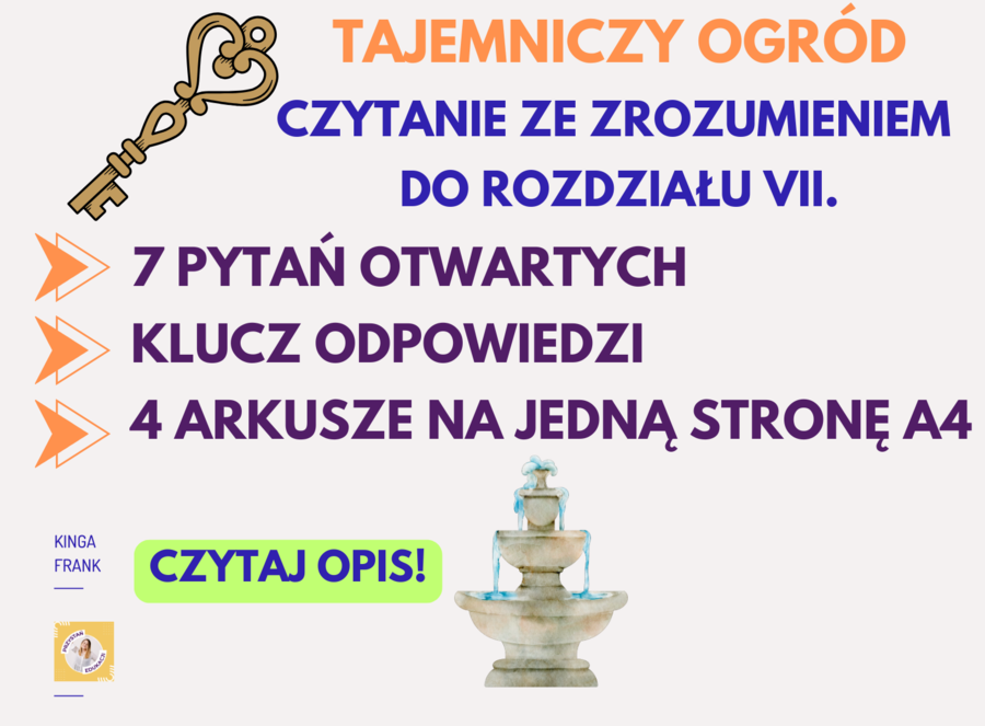 🔍📖 Czytanie ze zrozumieniem + klucz odpowiedzi – Tajemniczy ogród, rozdział VII: Klucz od ogrodu #czytaniezezrozumieniem #pytaniaotwarte #kluczodpowiedzi #lekturaobowiązkowa