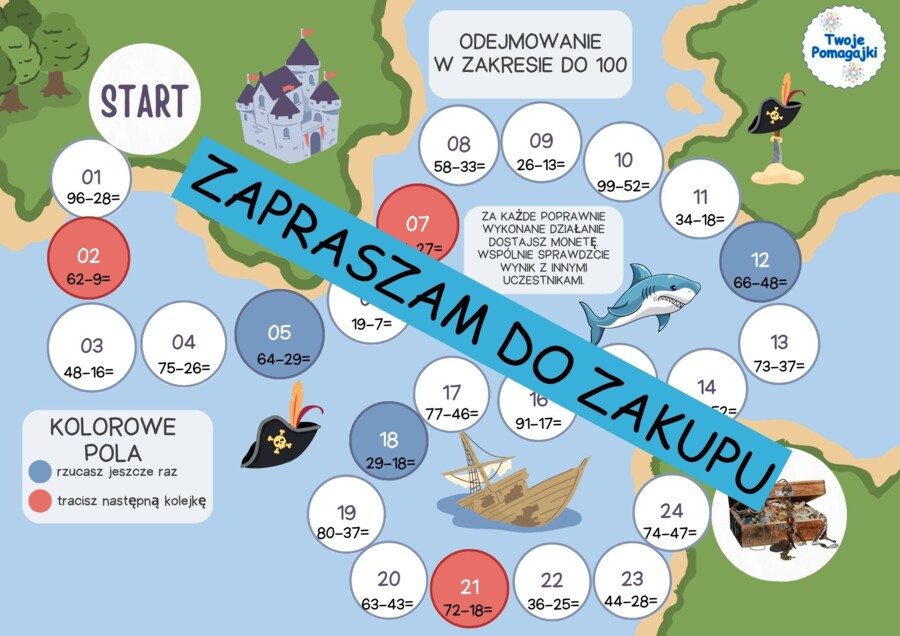Działania w zakresie do 100 (dodawanie, odejmowanie, mnożenie, dzielenie) - 4 plansze do gry "Poszukiwacze skarbów".