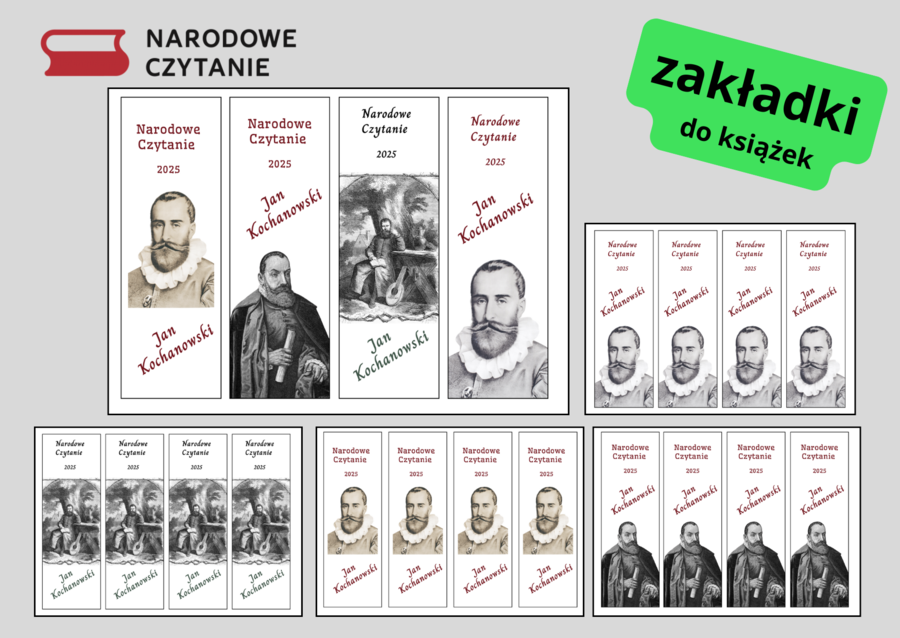 NARODOWE CZYTANIE 2025 – zakładki do książek – zakładka – Jan Kochanowski – biblioteka - język polski - wersja 1