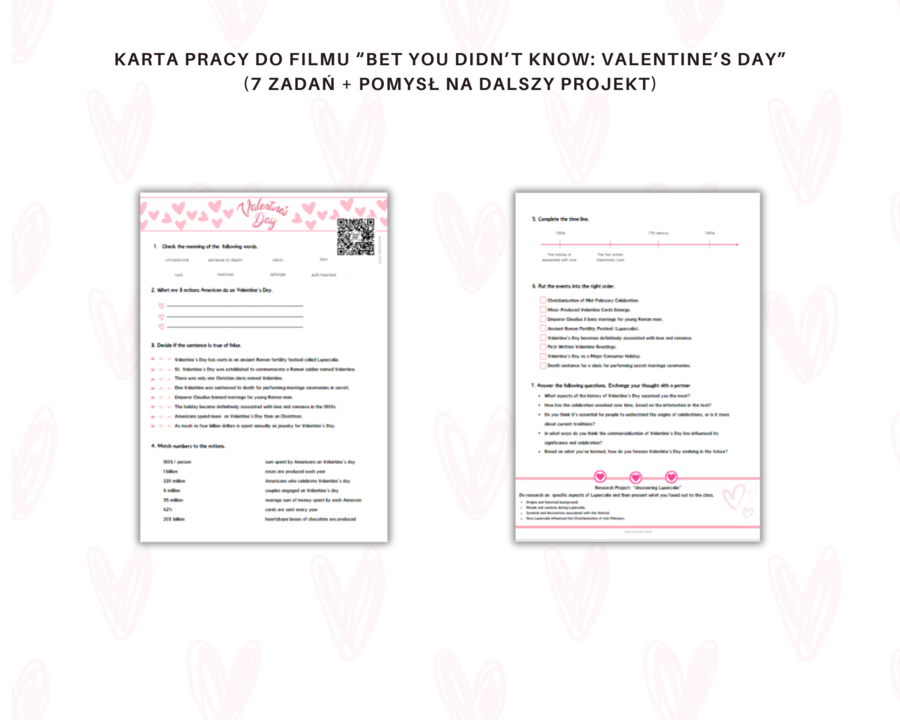 Valentine's Voyage - worksheet on history and love - Karta pracy z angielskiego na Walentynki dla poziomu średniozaawansowanego, Luperkalia, historia Walentynek i ich komercjalizacja, 9 zwrotów dotyczących miłości i związków, ćwiczenia umiejętności rozum