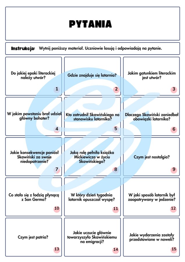 Latarnik – Pytania i Odpowiedzi | Karty pracy do lektury, szkoła podstawowa