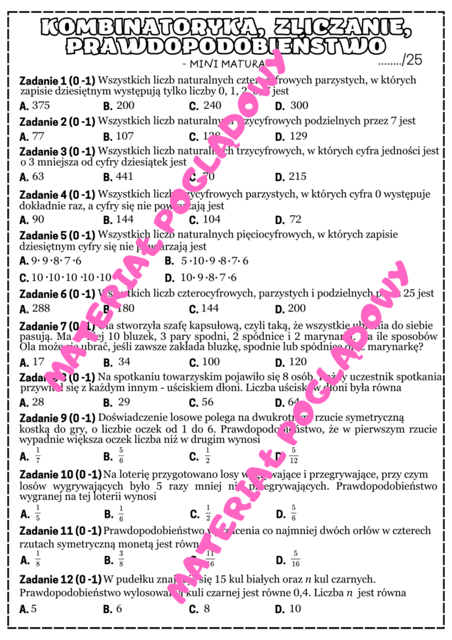 MINI MATURA. MATEMATYKA. Zliczanie, kombinatoryka, prawdopodobieństwo.