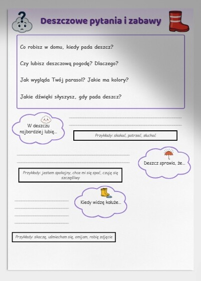 Karta pracy: „Co robię, gdy pada deszcz?” – rysowanie, kolorowanie.