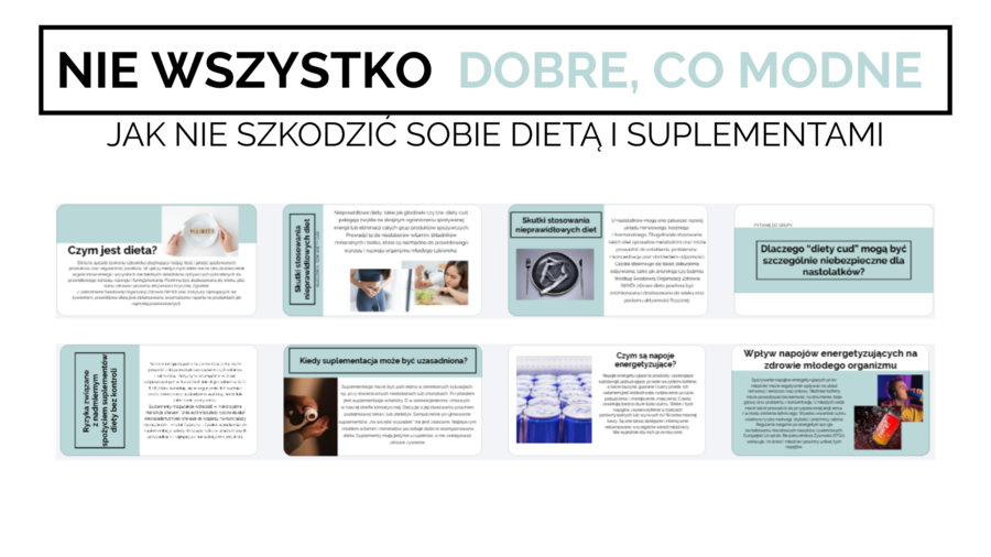 Edukacja Zdrowotna, Godzina wychowawcza- Nie wszystko  dobre, co modne- jak nie szkodzić sobie dietą i suplementami– kl 7- 17 Slajdów PDF