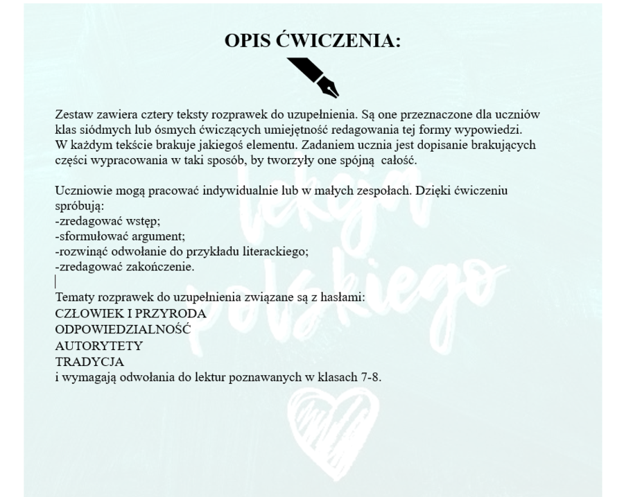 CZTERY ROZPRAWKI DO UZUPEŁNIENIA- ĆWICZENIE DLA UCZNIÓW KLAS 7-8.