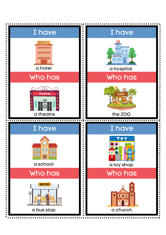 I HAVE... WHO HAS...? - PLACES IN TOWN | Gra Ja mam, Kto ma w języku angielskim do ćwiczenia słownictwa (MIEJSCA W MIEŚCIE)  ESL (A1)