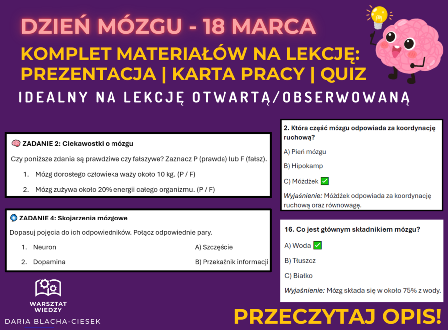 📌 DZIEŃ MÓZGU – KOMPLETNY ZESTAW MATERIAŁÓW NA LEKCJĘ: PREZENTACJA, KARTA PRACY, QUIZ | 18 MARCA 🧠 Lekcja (otwarta, obserwowana) w klasie 7, 8, w klasie 1, 2, 3, liceum / technikum na godzinę wychowawczą, biologię, lekcję angażującą.