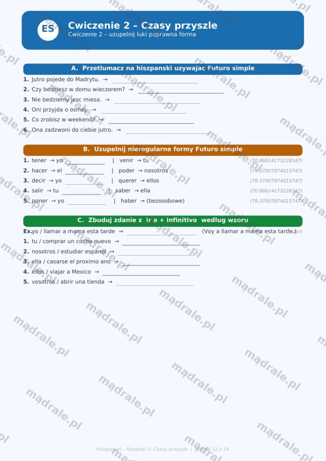KARTA PRACY "JĘZYK HISZPAŃSKI – ROZDZIAŁ 5: CZASY PRZYSZŁE" + ZADANIA DYDAKTYCZNE + KLUCZ ODPOWIEDZI