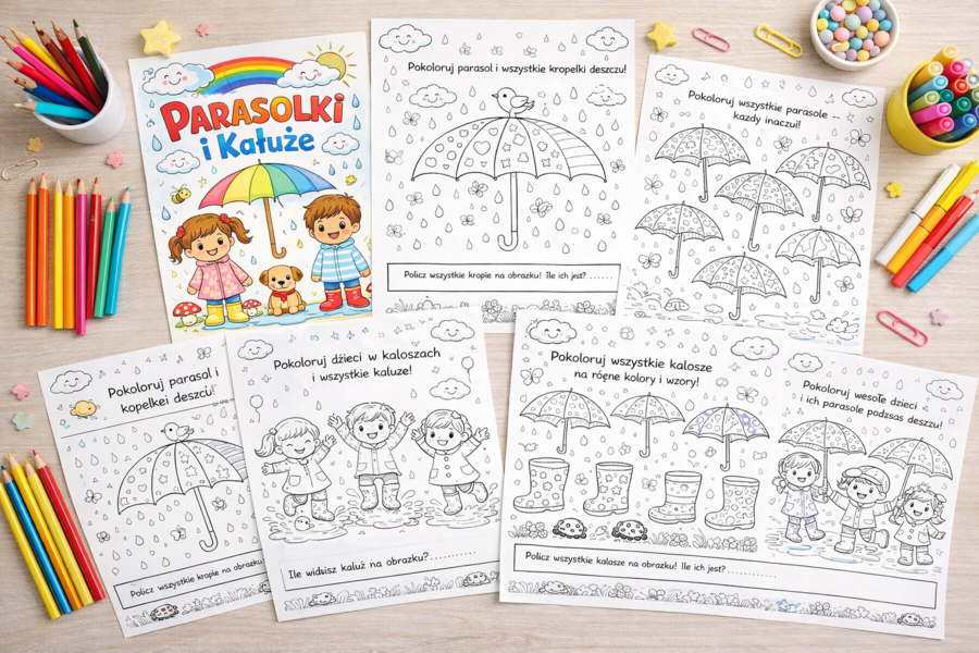 Kolorowanka: Parasolki i kałuże