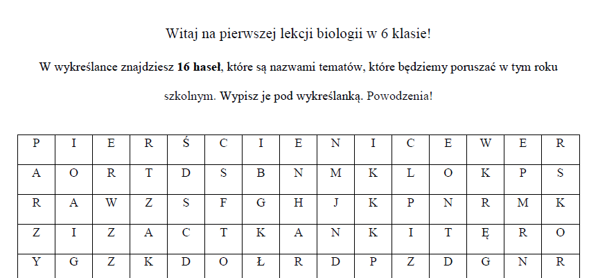 Biologia 6 wykreślanka: co będziemy robić?