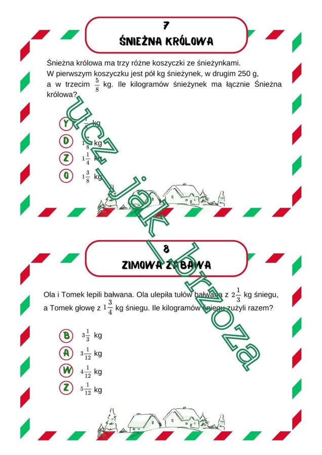 Stacje zadaniowe, mikołaj, boże narodzenie, szyfr, klasa 5, liczby naturalne i ułamki zwykłe