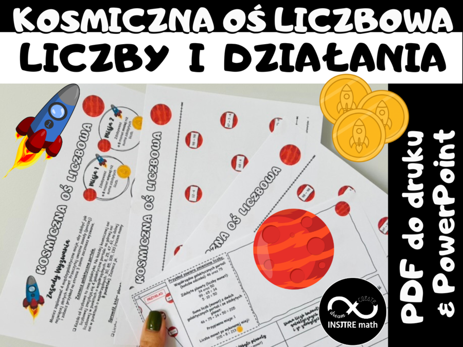 Matematyczne wyzwanie: Kosmiczna Oś Liczbowa. Rachunki pamięciowe, kolejność działań, o ile więcej, o ile mniej, ile razy więcej, ile razy mniej, zaznaczanie punktów na osi liczbowej.