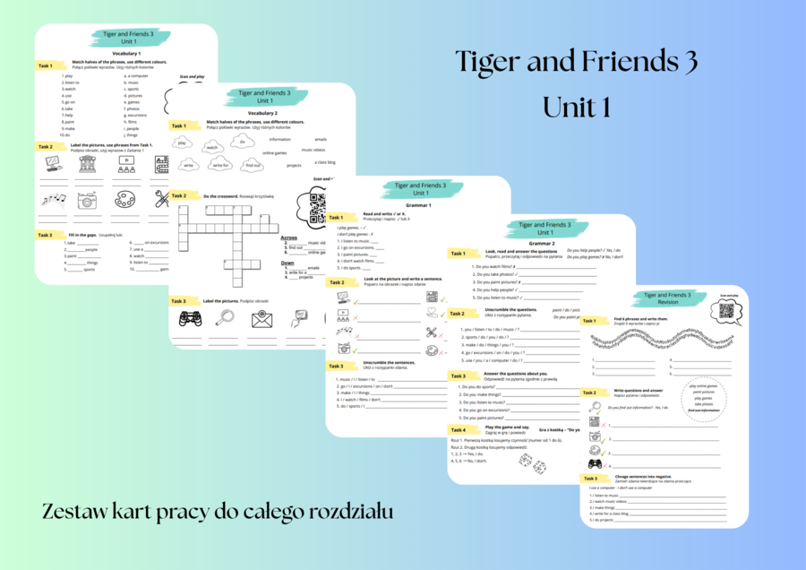 Tiger and Friends 3 Unit 1 - Zestaw kart pracy do całego rozdziału + Revision + 4 gry na Wordwall