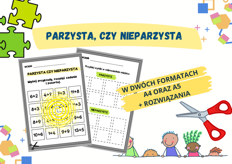 Parzysta, czy nieparzysta? Dodawanie do 20. Karta pracy, wycinanka.