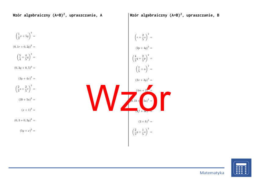 Wzór algebraiczny (A+B)^2, upraszczanie | matematyka, algebra | 26 kolumn