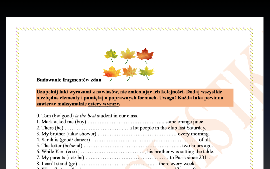 Budowanie fragmentów zdań z podanych elementów z kluczem- 1 zł!!! Egzamin ósmoklasisty