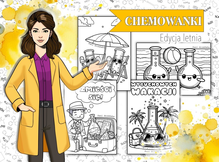Chemowanki. Chemiczne kolorowanki w wakacyjnym klimacie. Lato. Wakacje. Zastępstwo. Pani Atomówka KIDS.