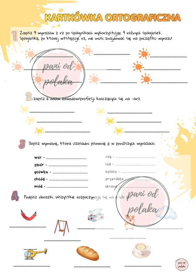 Kartkówka ortograficzna z ó, u, rz, ż, ch, h