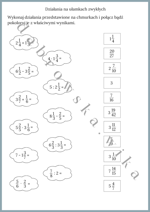 Działania na ułamkach zwykłych - chmurki