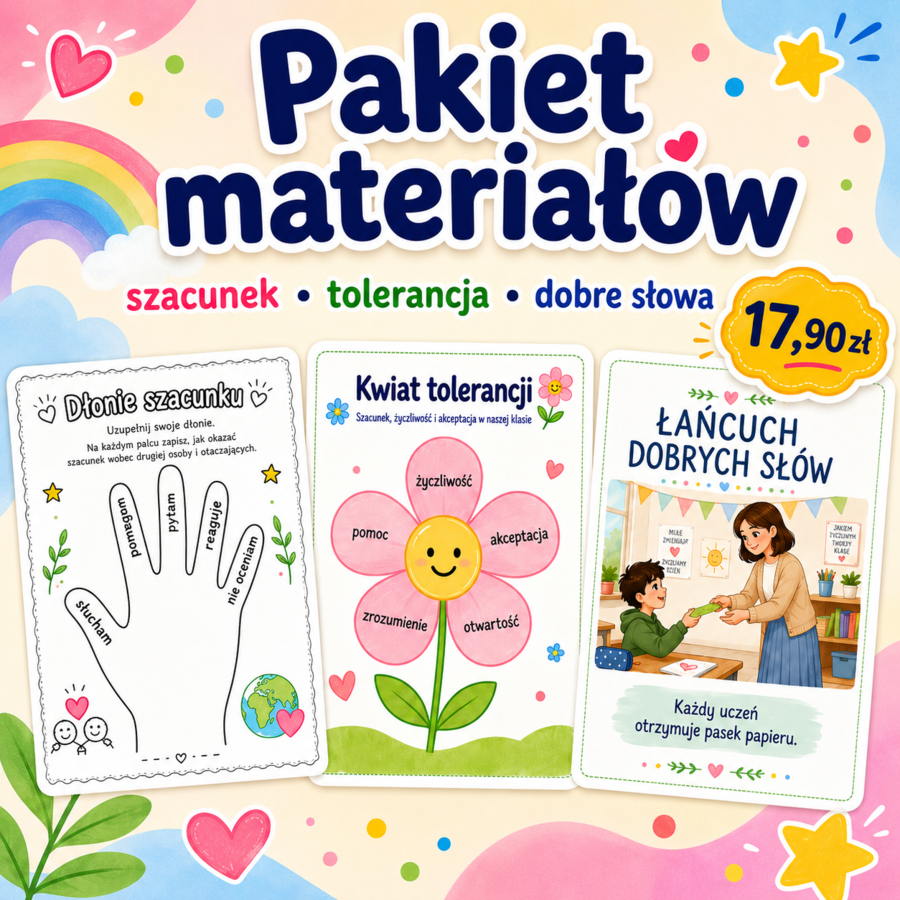Dłonie szacunku. Kwiat tolerancji. Łańcuch dobrych słów.