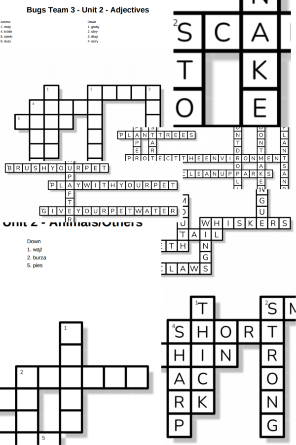 Bugs Team 3 – Unit 2 – krzyżówki – Adjectives/Animal body parts/Ecology/Extra Vocabulary/Others