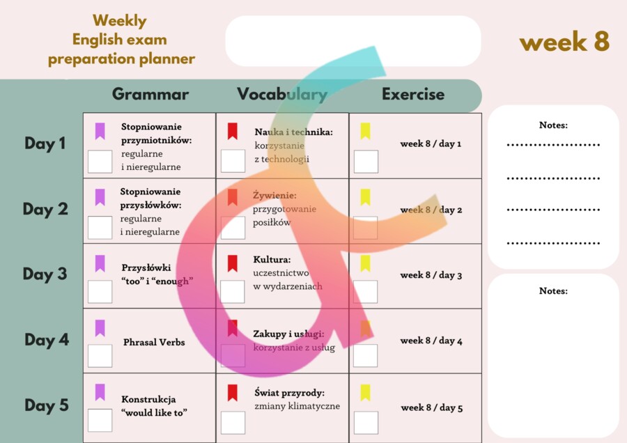 Angielski - Egzamin ósmoklasisty - Planer nauki na 8 tygodni z zestawem słownictwa i ćwiczeniami