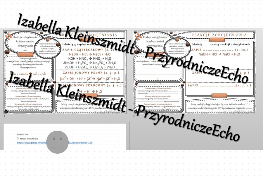 Minizestaw na temat „Reakcja zobojętniania” – sketchnotka + karta pracy w power point + gratisowy link do prezentacji multimedialnej niekomercyjnej wykonanej w genial.ly do indywidualnego pobrania i użycia do celów niekomercyjnych. Chemia 8, „Sole”