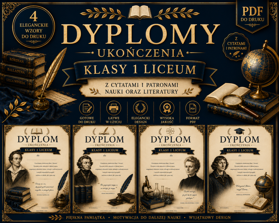 📚 Dyplomy ukończenia klasy 1 liceum – 4 eleganckie wzory z cytatami i patronami (PDF)