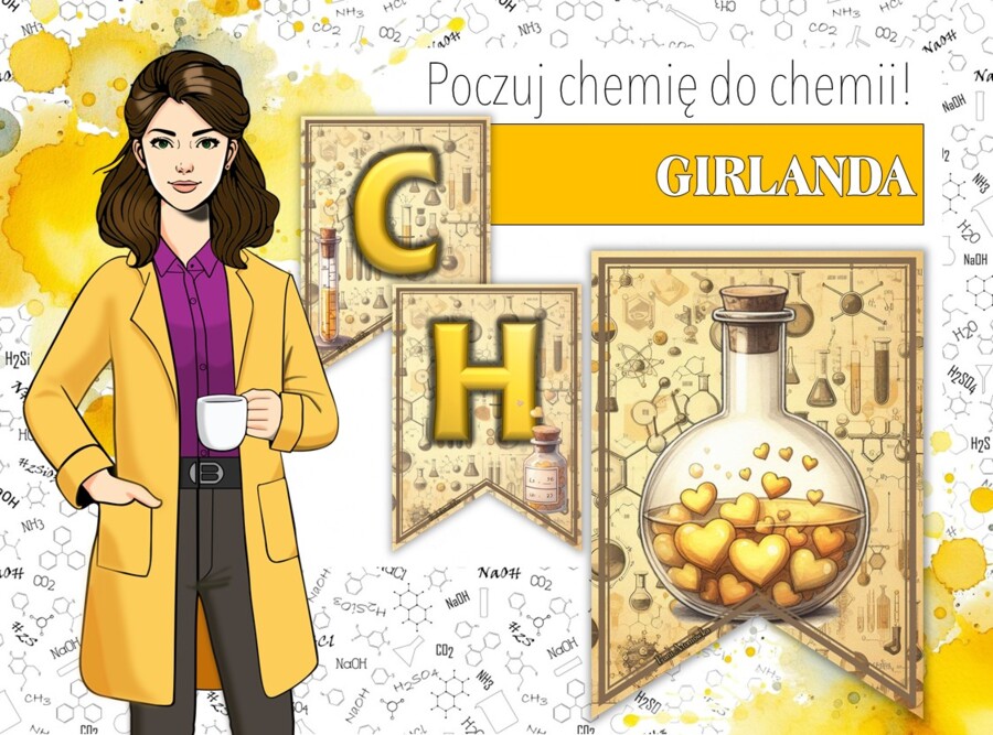 Girlanda / baner / proporczyk / napis / dekoracje / ścienna gazetka szkolna. POCZUJ CHEMIĘ DO CHEMII!