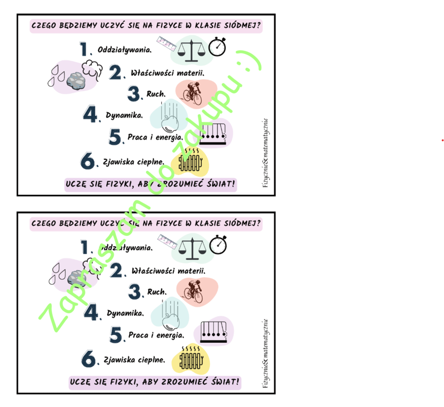 Wklejka do zeszytu - Czego będziemy uczyć się na fizyce - klasa siódma (do podręcznika Sposób na fizykę WSiP).