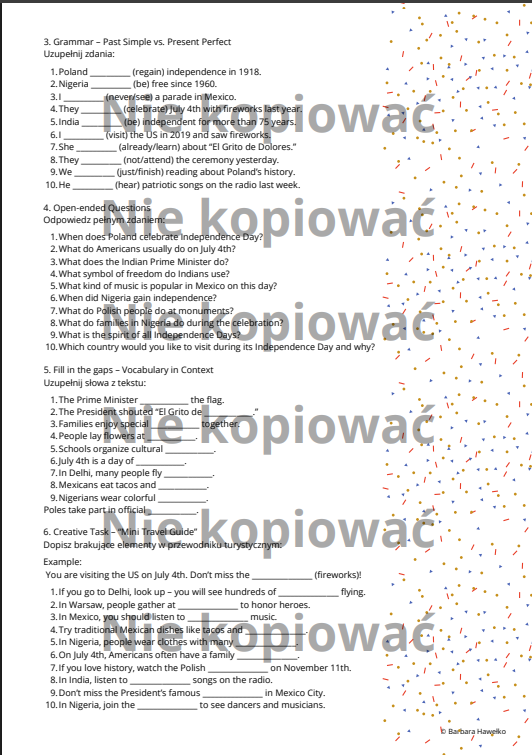 Independence Day throughout the World - czytanka B1/B2