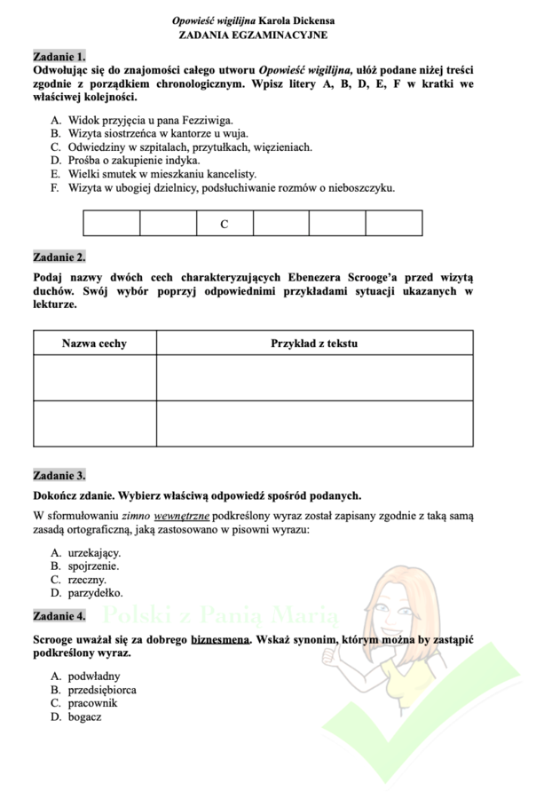 "Opowieść wigilijna" - zadania egzaminacyjne