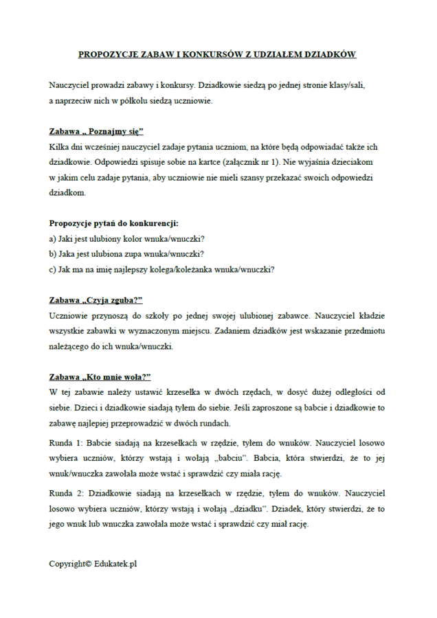 Zabawy i konkursy na „Dzień Babci i Dziadka” – pomoce dla nauczyciela