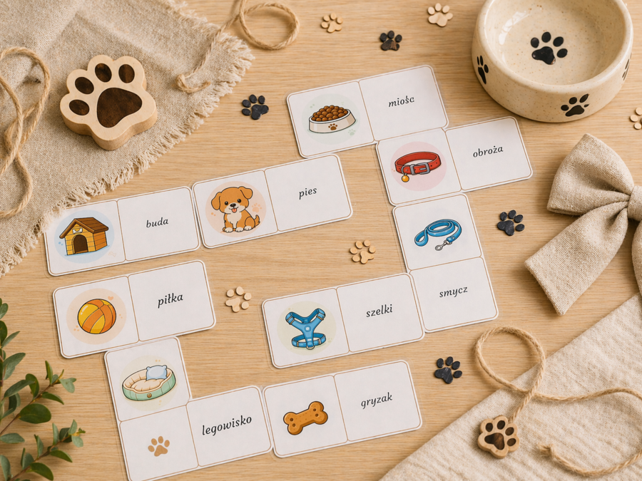 Domino obrazkowo-wyrazowe: pies i akcesoria